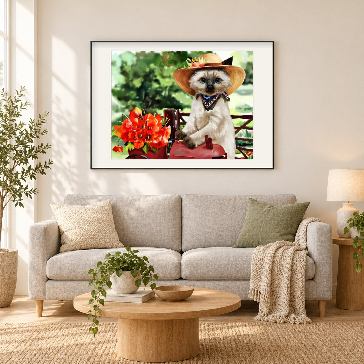 Miss Kitty trägt einen Hut als gerahmtes Diamond Painting im Wohnzimmer