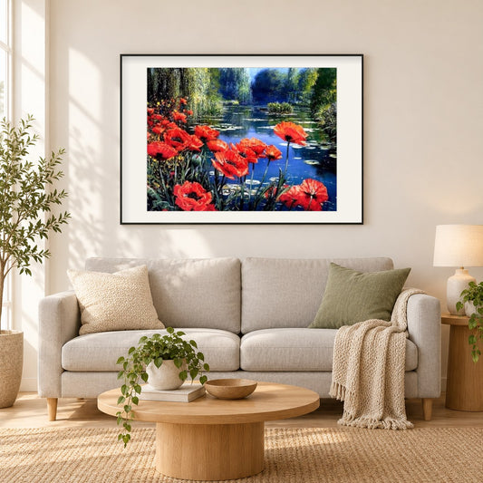 Mohnblumen am See als gerahmtes Diamond Painting im Wohnzimmer