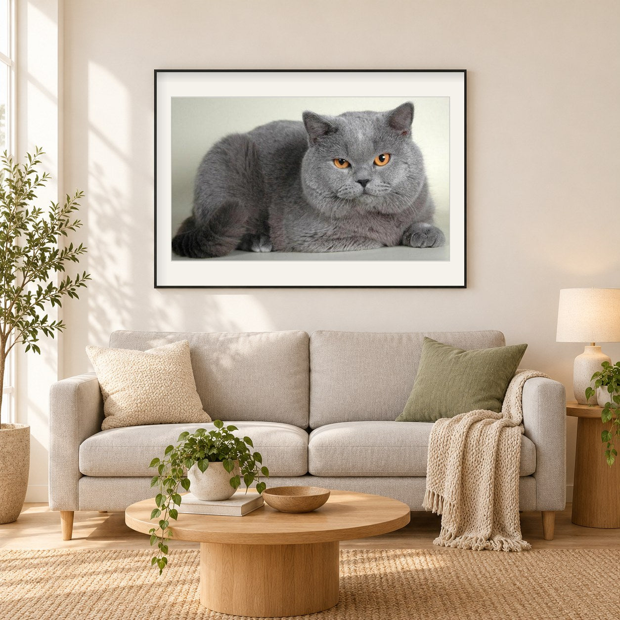 Mollige Katze als gerahmtes Diamond Painting im Wohnzimmer
