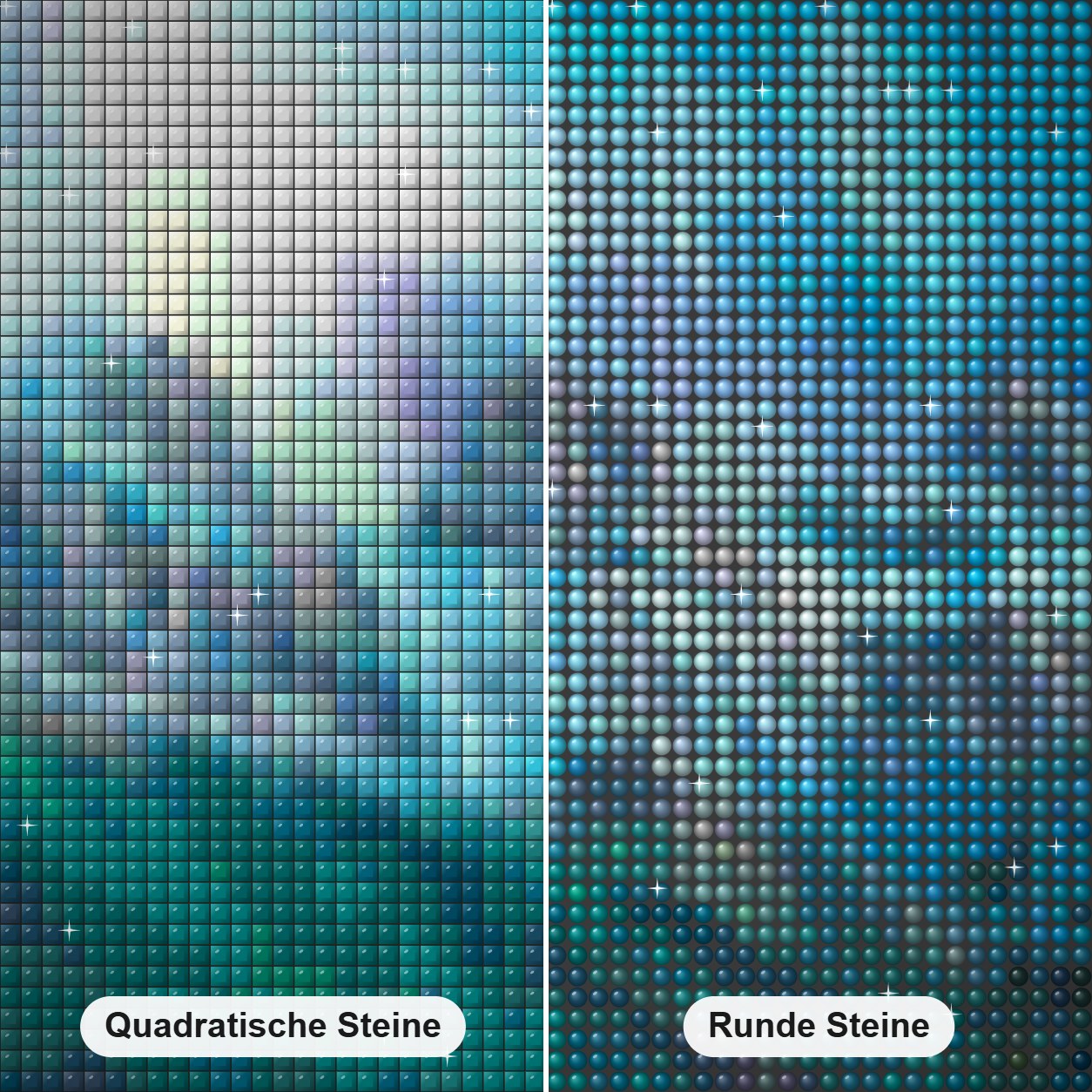 Bergzauber - Kunst des Jonn Einerssen Diamond Painting Nahaufnahme mit quadratischen und runden Steinen