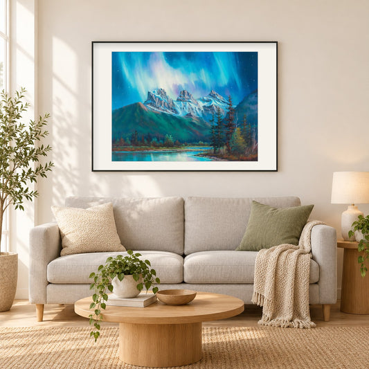 Bergzauber - Kunst des Jonn Einerssen als gerahmtes Diamond Painting im Wohnzimmer