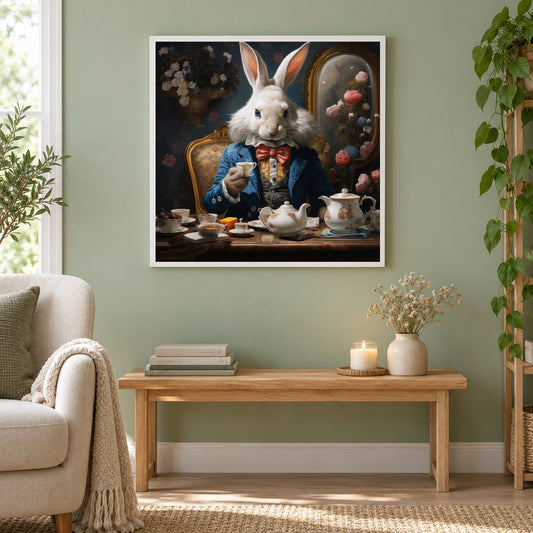 Mr. Bunny auf einer Tränenparty als gerahmtes Diamond Painting im Wohnzimmer