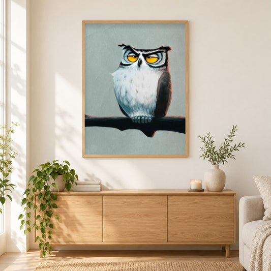 Mürrische Eulenfarbe mit Diamanten als gerahmtes Diamond Painting im Wohnzimmer