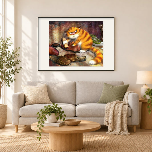 Mürrische Katze als gerahmtes Diamond Painting im Wohnzimmer