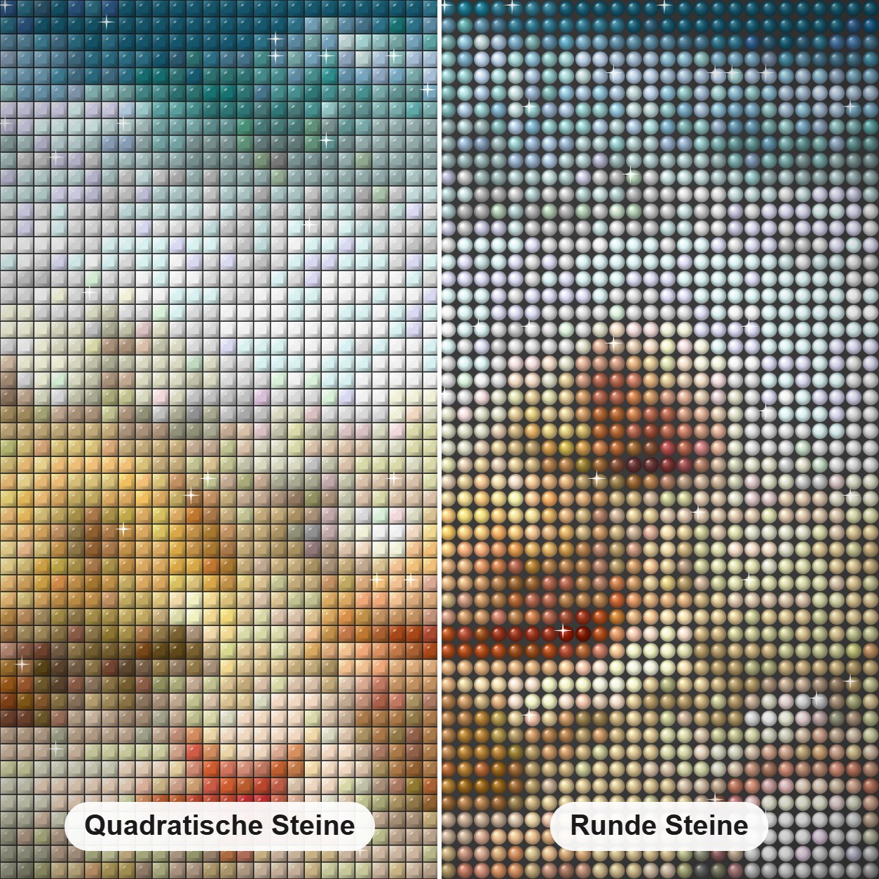 Muscheln am Strand Diamond Painting Nahaufnahme mit quadratischen und runden Steinen