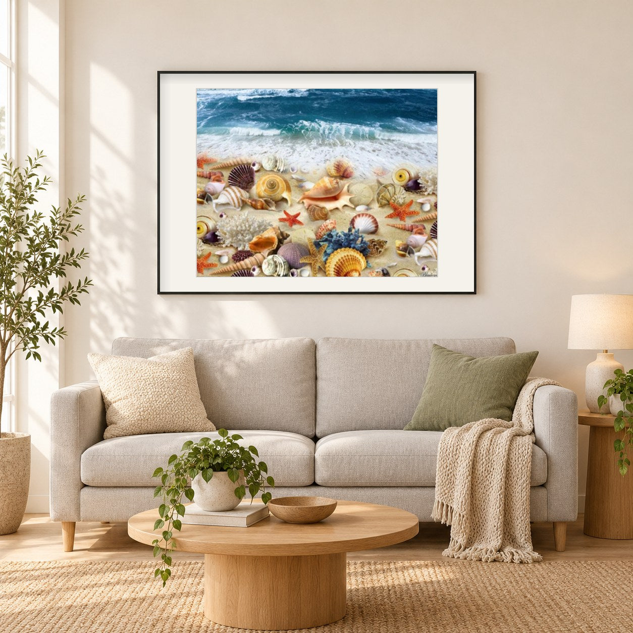 Muscheln am Strand als gerahmtes Diamond Painting im Wohnzimmer