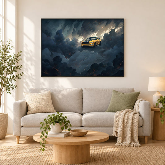 Mustang auf den Wolken – Diamant als gerahmtes Diamond Painting im Wohnzimmer