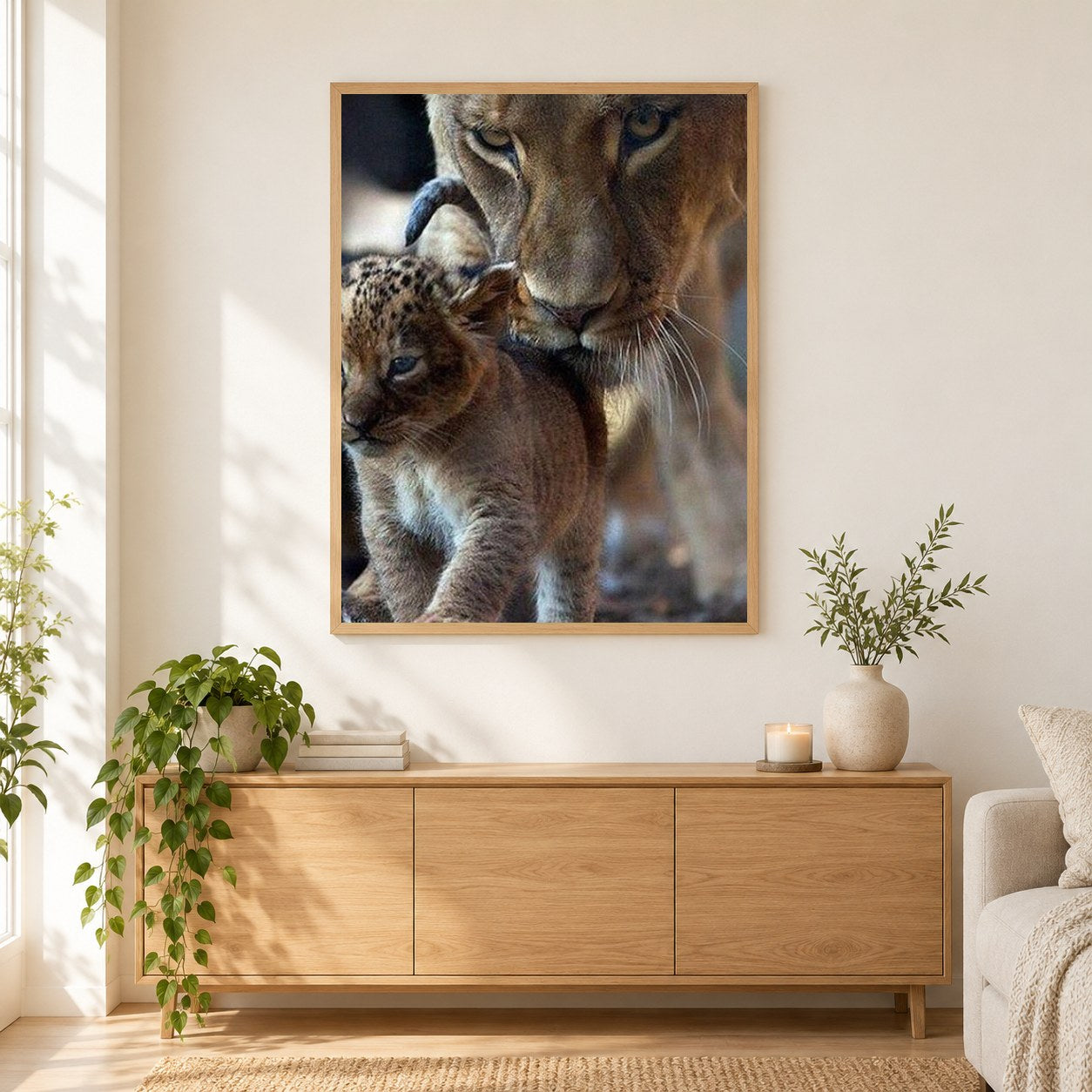 Mutter & Baby Löwe als gerahmtes Diamond Painting im Wohnzimmer