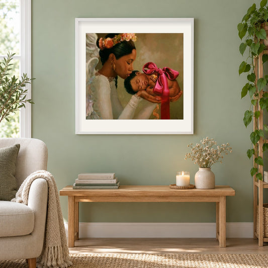 Mutter & Babys Liebe als gerahmtes Diamond Painting im Wohnzimmer