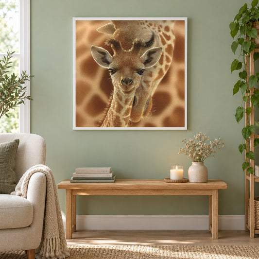 Mutter Giraffe mit Baby als gerahmtes Diamond Painting im Wohnzimmer