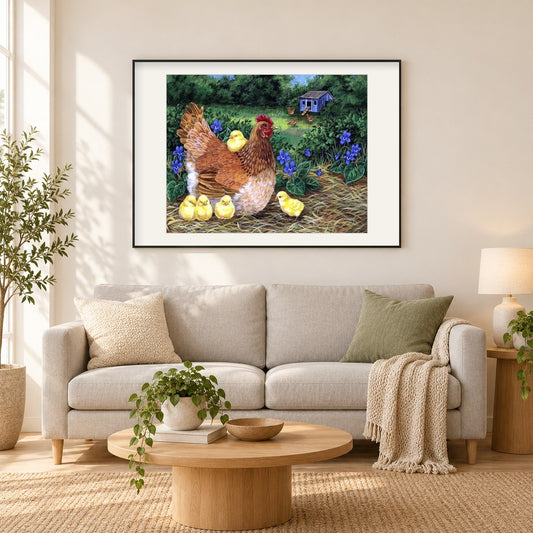 Mutter Henne mit kleinen Küken als gerahmtes Diamond Painting im Wohnzimmer