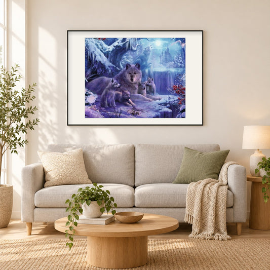 Mutter Wolf mit kleinen Jung als gerahmtes Diamond Painting im Wohnzimmer