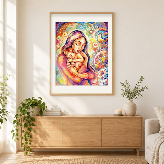 Mutterliebe als gerahmtes Diamond Painting im Wohnzimmer