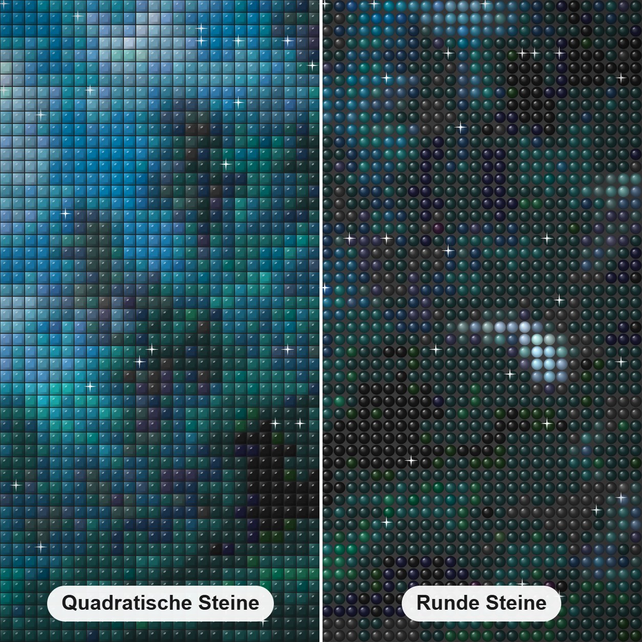 Natur & Sternenstaub Diamant Diamond Painting Nahaufnahme mit quadratischen und runden Steinen