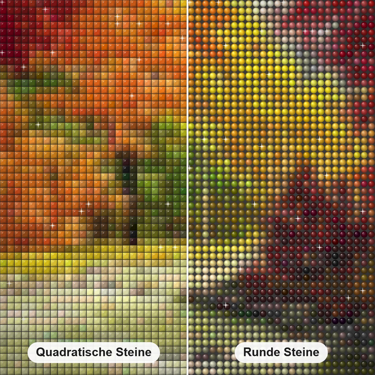 Naturblick Diamond Painting Nahaufnahme mit quadratischen und runden Steinen