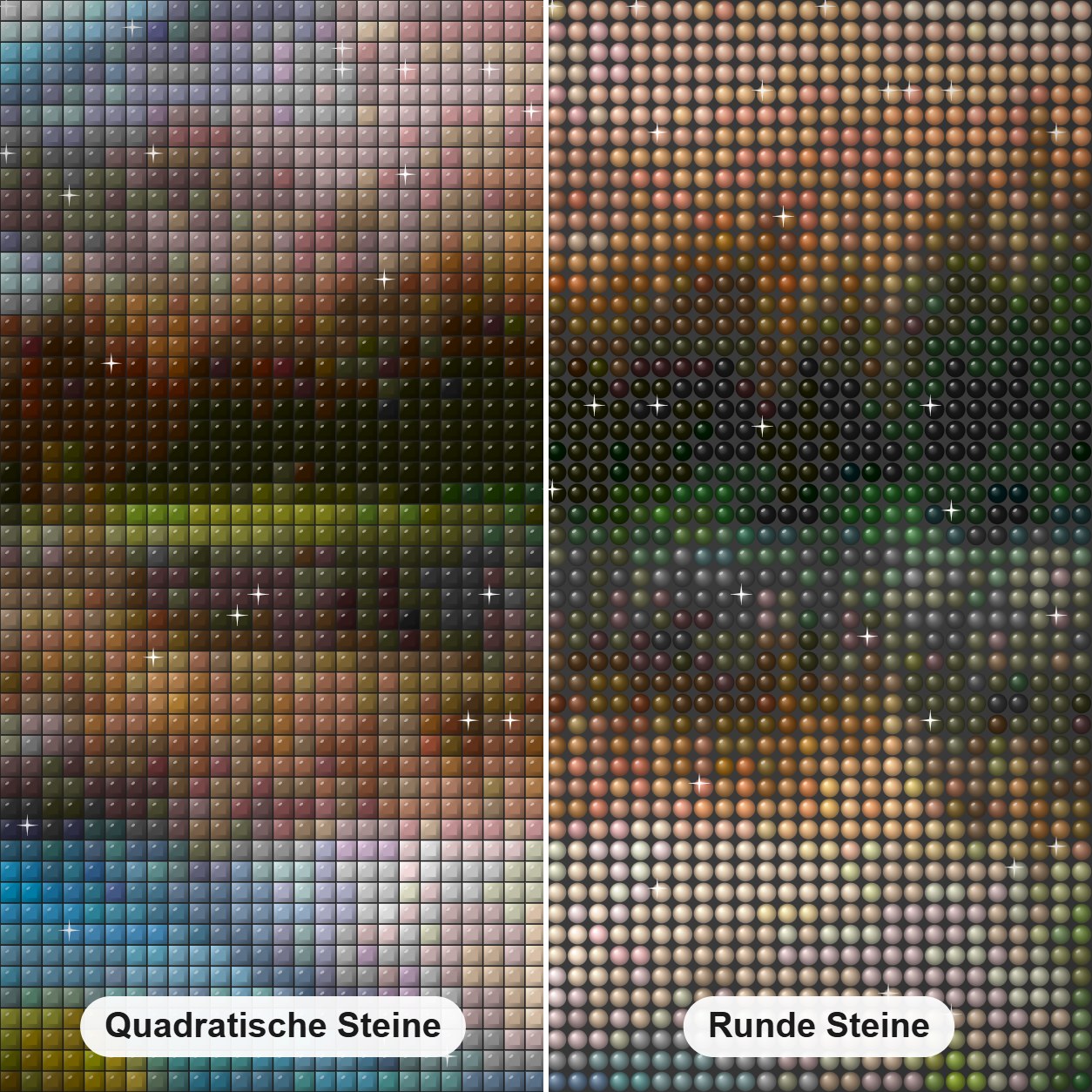 Nebliger Berg- und Seeblick Diamond Painting Nahaufnahme mit quadratischen und runden Steinen