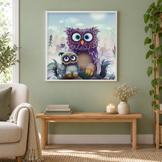 Nette Cartoon-Eulen als gerahmtes Diamond Painting im Wohnzimmer