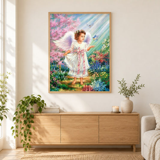 Nette Engel Mädchen & Spatzen im Garten als gerahmtes Diamond Painting im Wohnzimmer