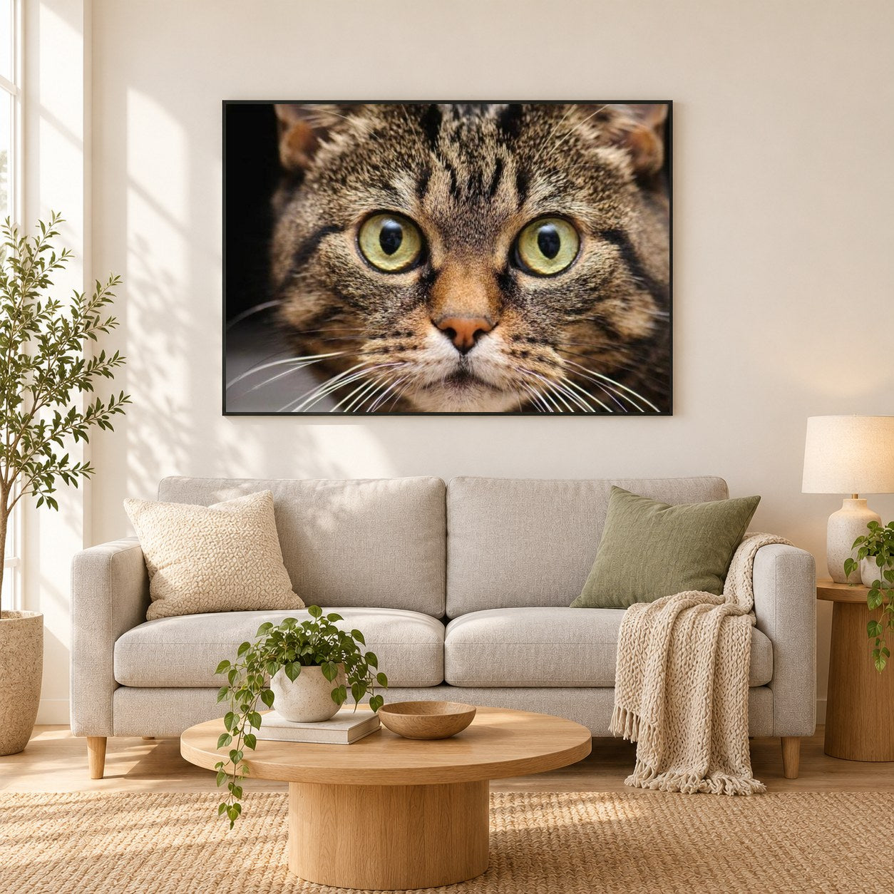 Nette Katze mit großen Augen als gerahmtes Diamond Painting im Wohnzimmer