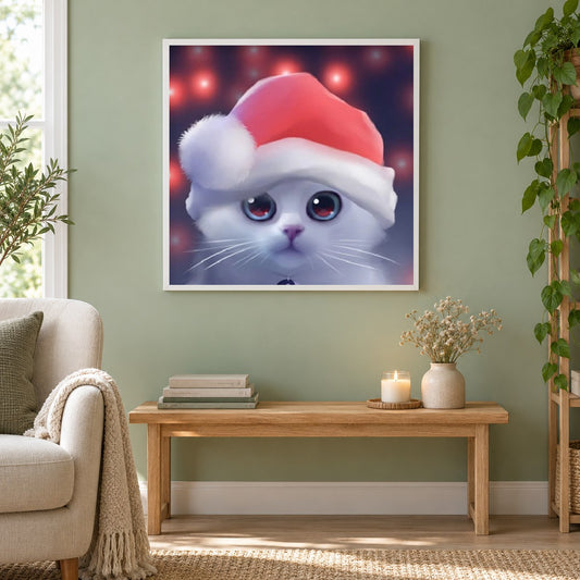 Nette Katze mit Weihnachtsmütze als gerahmtes Diamond Painting im Wohnzimmer