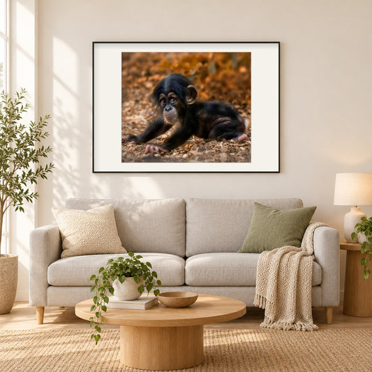 Netter Baby-Affe als gerahmtes Diamond Painting im Wohnzimmer