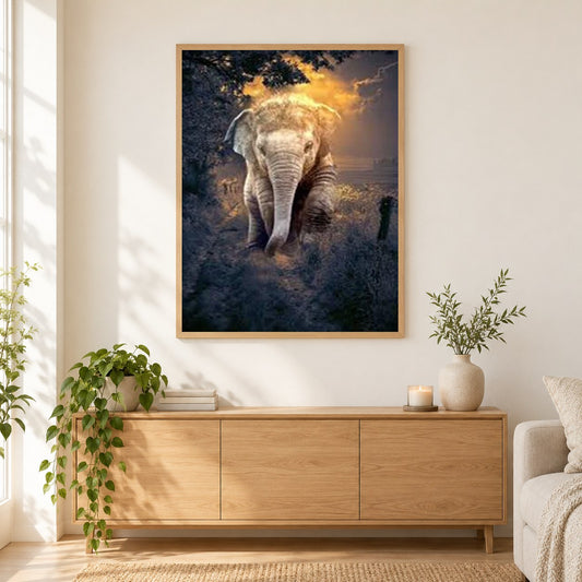 Netter Baby-Elefant als gerahmtes Diamond Painting im Wohnzimmer