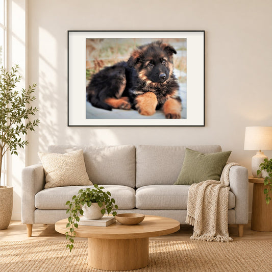 Netter Deutscher Schäferhund Welpe als gerahmtes Diamond Painting im Wohnzimmer