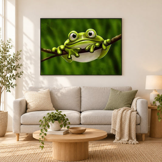 Netter Frosch als gerahmtes Diamond Painting im Wohnzimmer