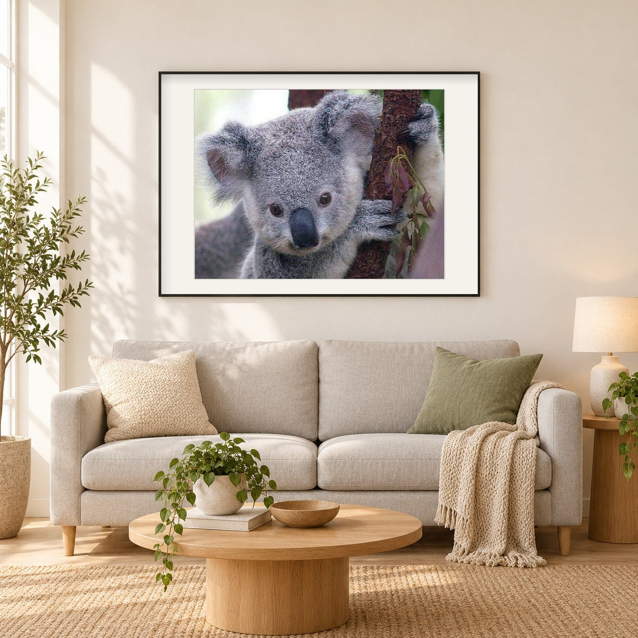 Netter Koalabär als gerahmtes Diamond Painting im Wohnzimmer