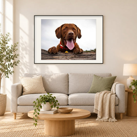 Netter Labrador als gerahmtes Diamond Painting im Wohnzimmer