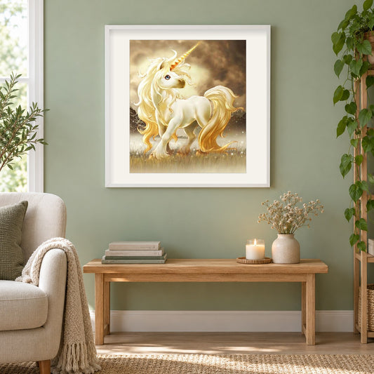 Süßes Baby Einhorn als gerahmtes Diamond Painting im Wohnzimmer