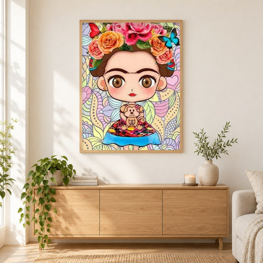 Nettes kleines Cartoon-Mädchen als gerahmtes Diamond Painting im Wohnzimmer