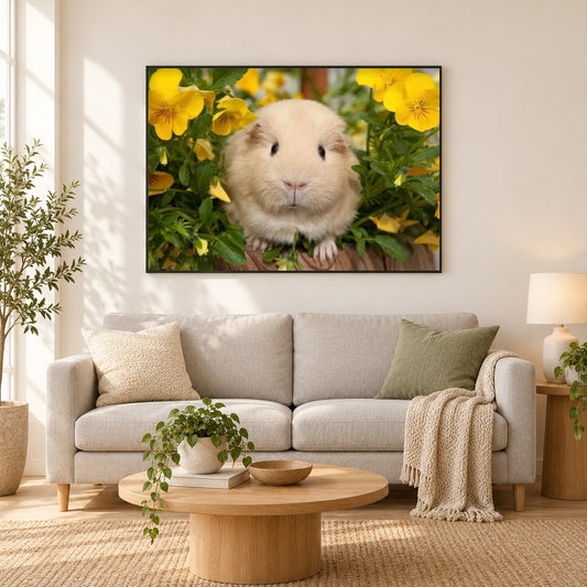 Nettes Meerschweinchen & gelbe Blumen als gerahmtes Diamond Painting im Wohnzimmer