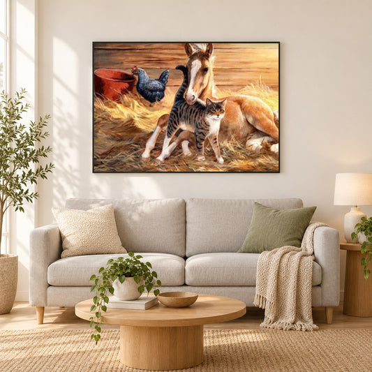 Nettes Pferd Baby & Kätzchen als gerahmtes Diamond Painting im Wohnzimmer