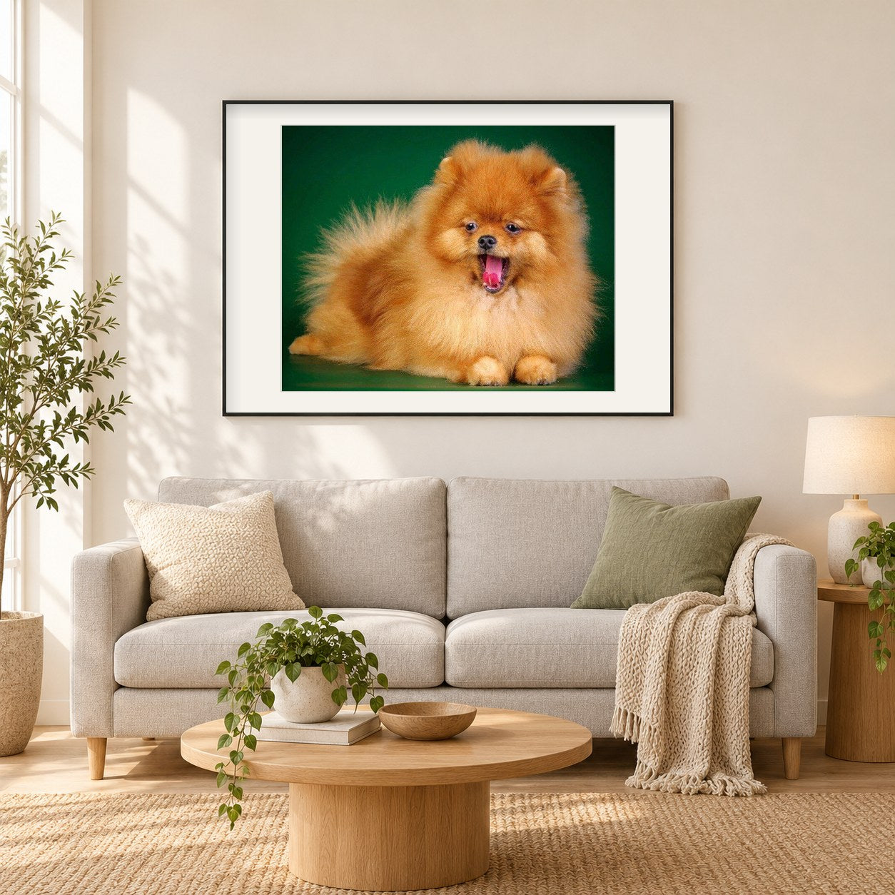 Nettes Welpengähnen als gerahmtes Diamond Painting im Wohnzimmer