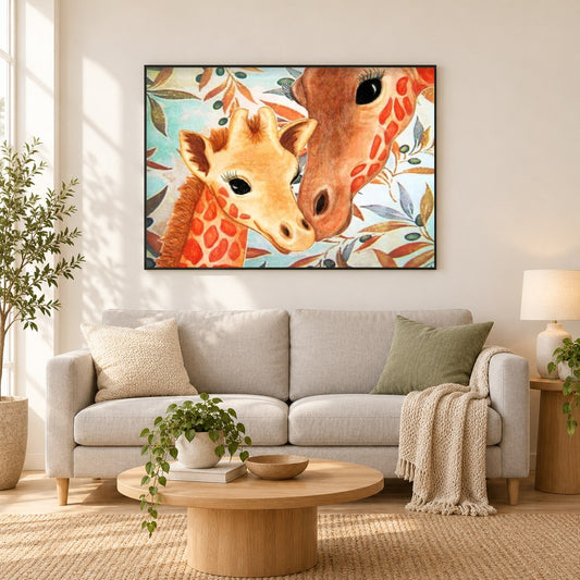 Niedliche Baby Giraffe & Mutter als gerahmtes Diamond Painting im Wohnzimmer