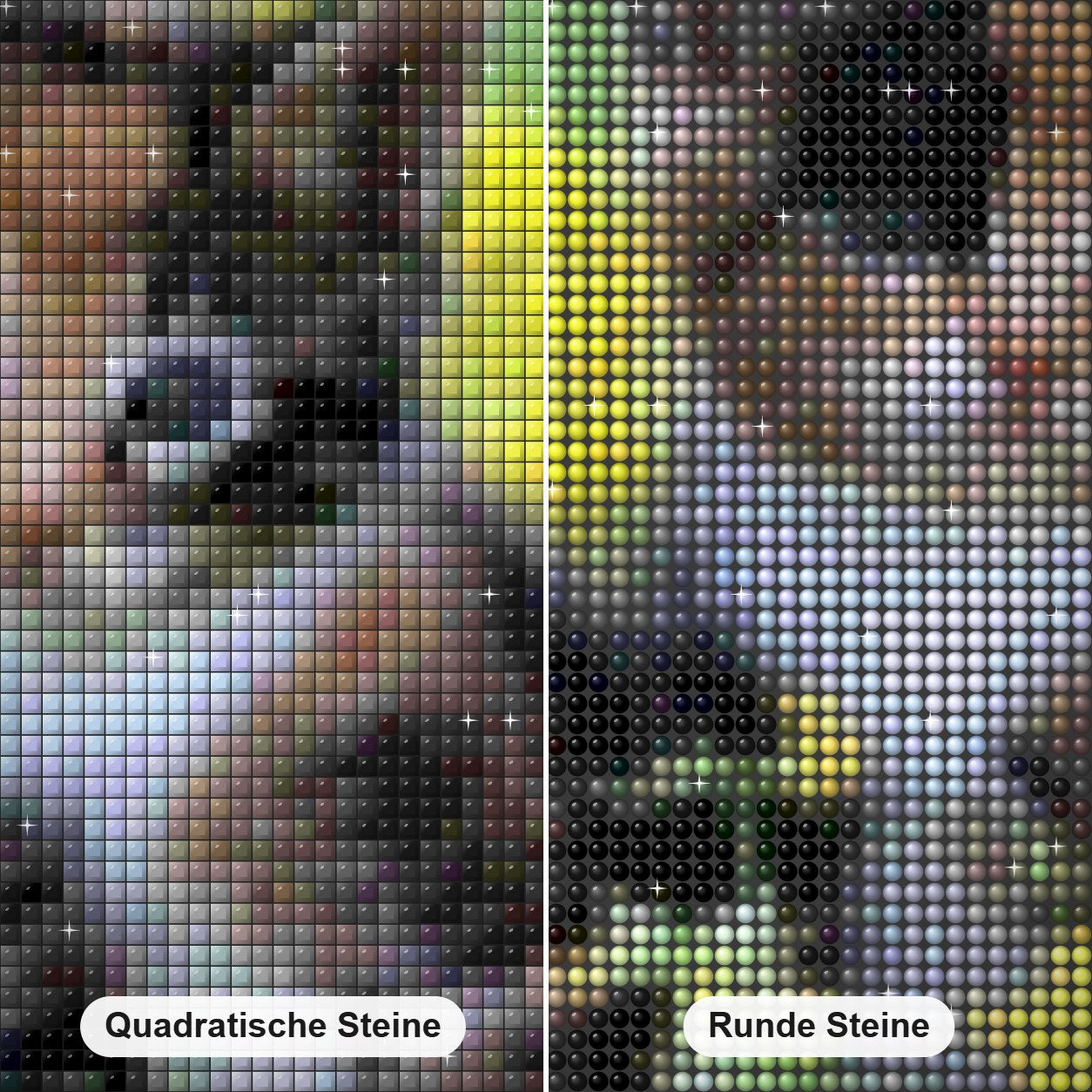 Niedliche Kalikokätzchen Diamond Painting Nahaufnahme mit quadratischen und runden Steinen