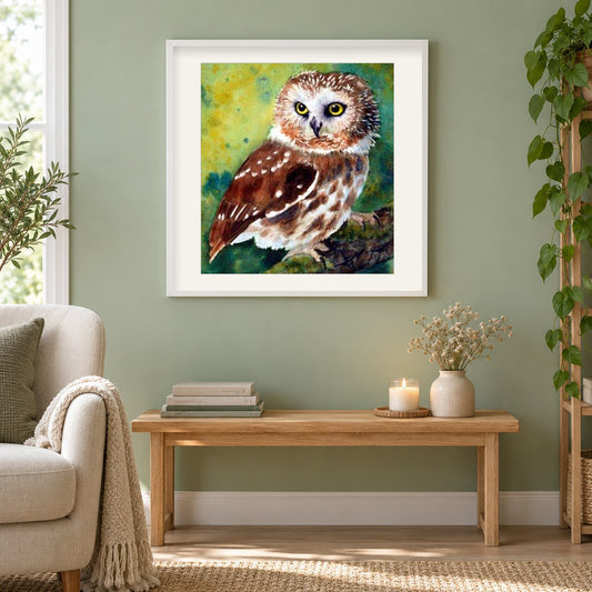Nördliche Eule mit Säge als gerahmtes Diamond Painting im Wohnzimmer