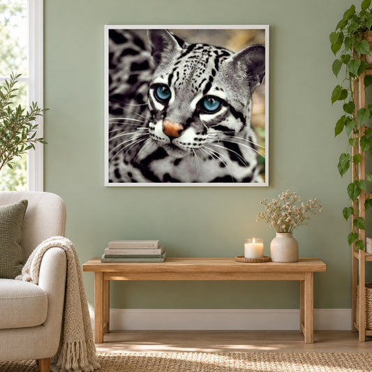 Ocelot Katze als gerahmtes Diamond Painting im Wohnzimmer