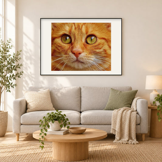 Orange Tabby Katze als gerahmtes Diamond Painting im Wohnzimmer