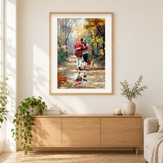 Paar, das mit ihrem Hund spaziert als gerahmtes Diamond Painting im Wohnzimmer