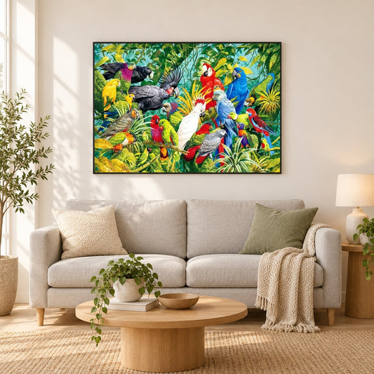 Papageien Königreich als gerahmtes Diamond Painting im Wohnzimmer