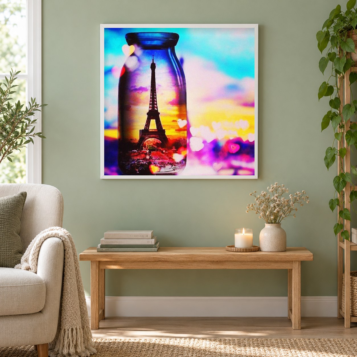Paris Ansicht in Glasflasche als gerahmtes Diamond Painting im Wohnzimmer