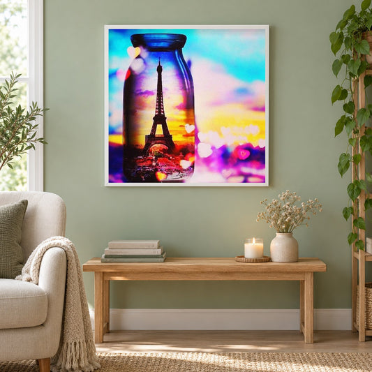 Paris Ansicht in Glasflasche als gerahmtes Diamond Painting im Wohnzimmer
