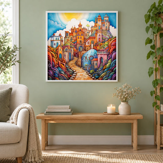 Weg zum Traumort als gerahmtes Diamond Painting im Wohnzimmer