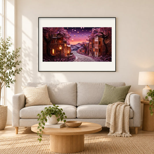 Friedlicher Blick auf die Straße bei Nacht als gerahmtes Diamond Painting im Wohnzimmer