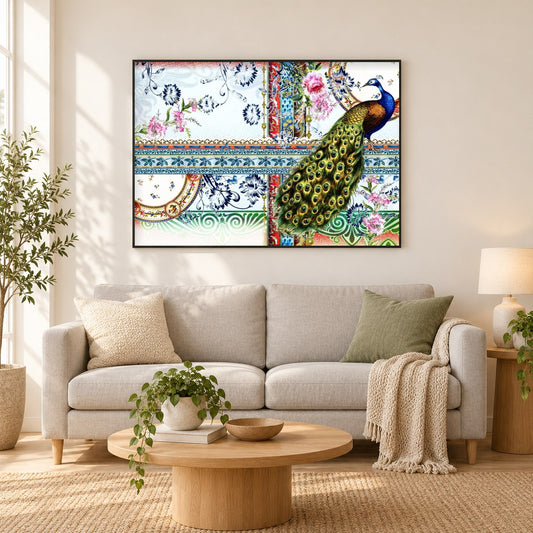 Pfauen I - Kunst des Barbara Behr als gerahmtes Diamond Painting im Wohnzimmer