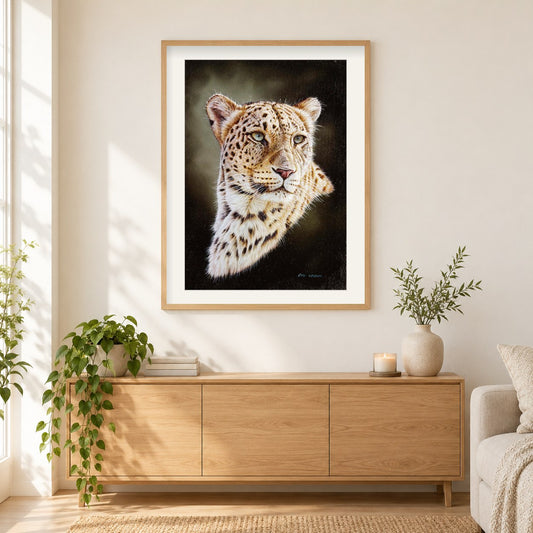 Porträt des persischen Leoparden -  Kunst des Eric Wilson als gerahmtes Diamond Painting im Wohnzimmer