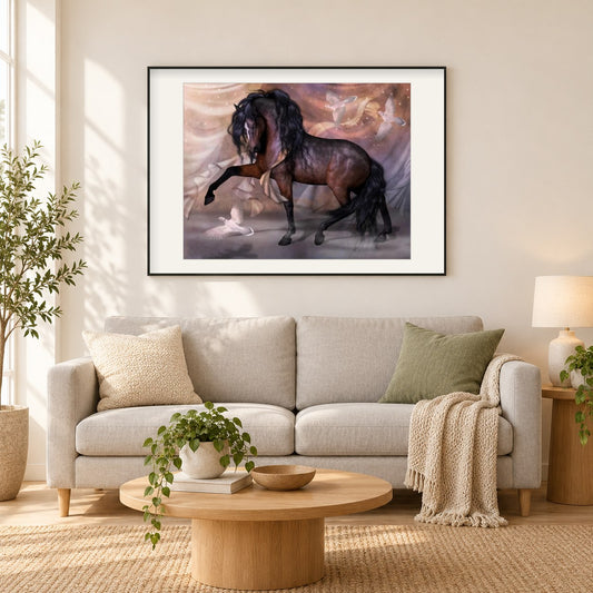 Pferd & Tauben als gerahmtes Diamond Painting im Wohnzimmer