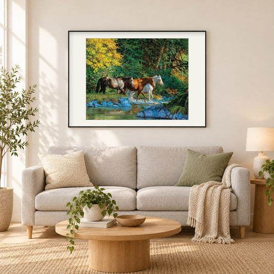 Pferde am Wasserstrom als gerahmtes Diamond Painting im Wohnzimmer